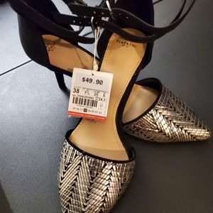 Zara Double Strap Heeled Shoes.  Black & Silver. Size 7 1/2.